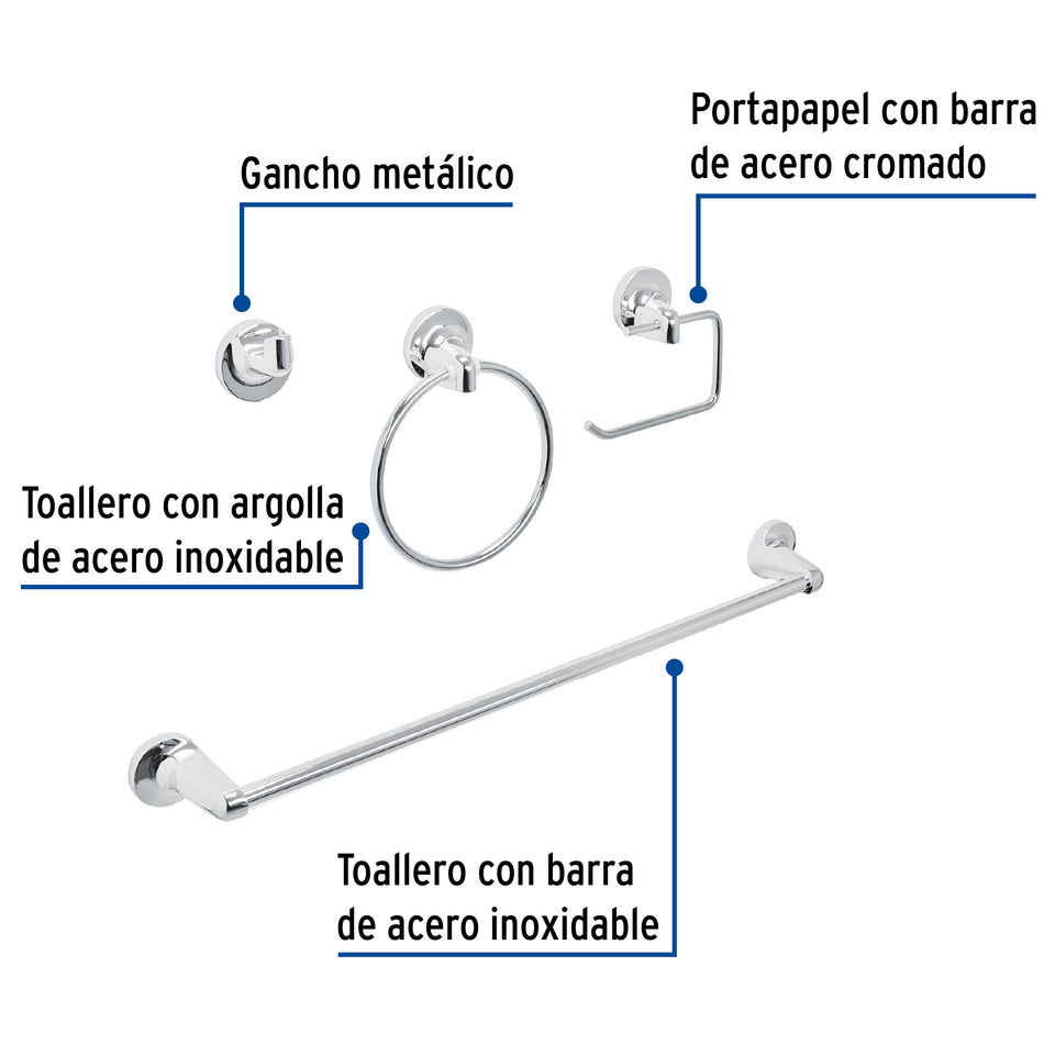 Juego de 4 accesorios para baño metálicos, Foset, Toallero, Portapapel