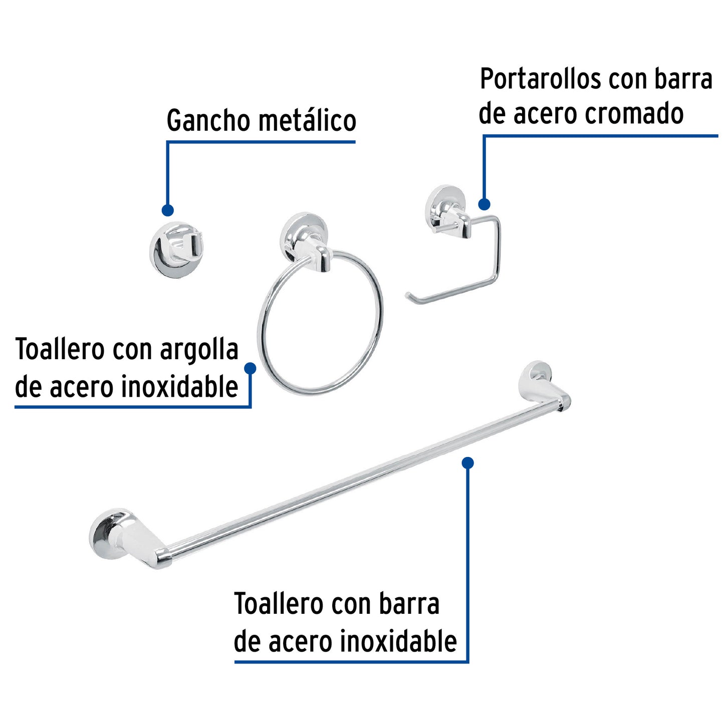 Juego 4 Accesorios Baño Acero Inoxidable FOSET AQUA AQA-4004 - Solución Completa Organización Baño