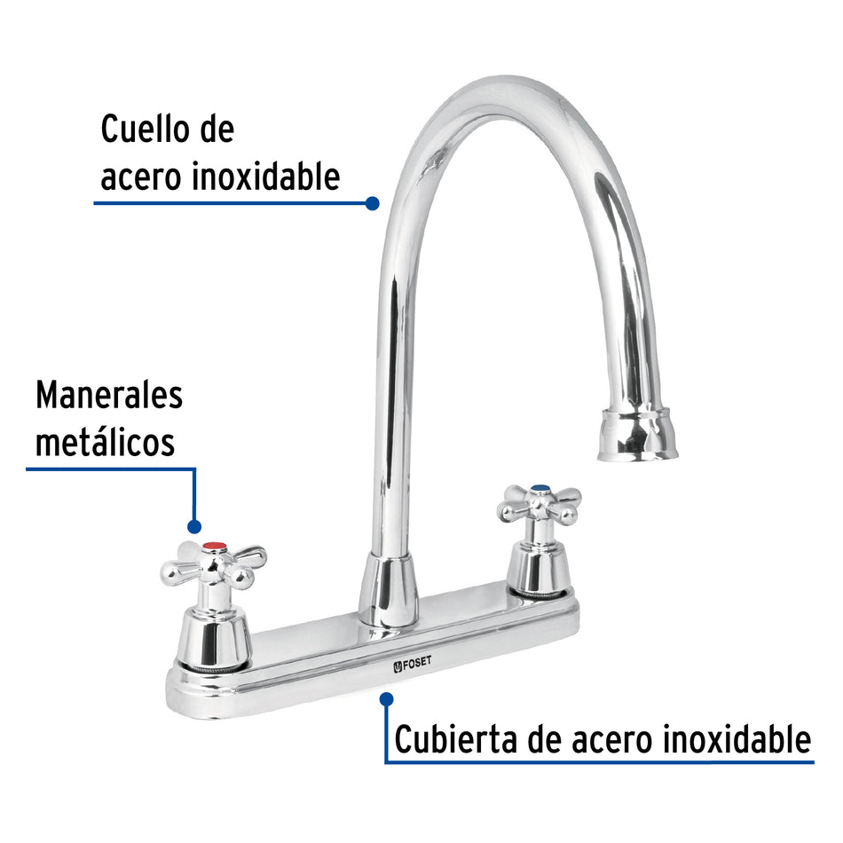 Mezcladora cromo 8" para fregadero, manerales cruceta, Foset