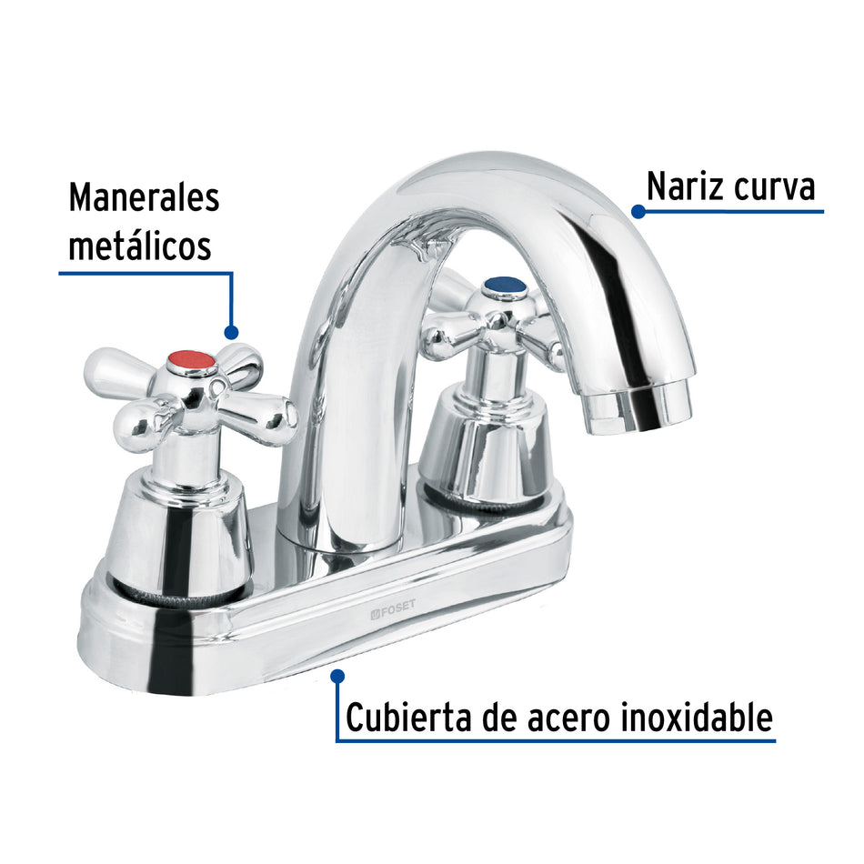 Mezcladora cromo 4" para lavabo, nariz curva, cruceta, Foset