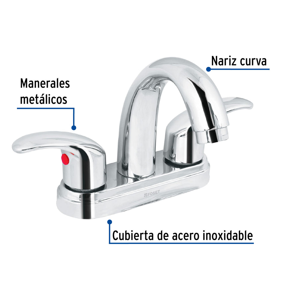 Mezcladora cromo 4" para lavabo, nariz curva, palanca, Foset