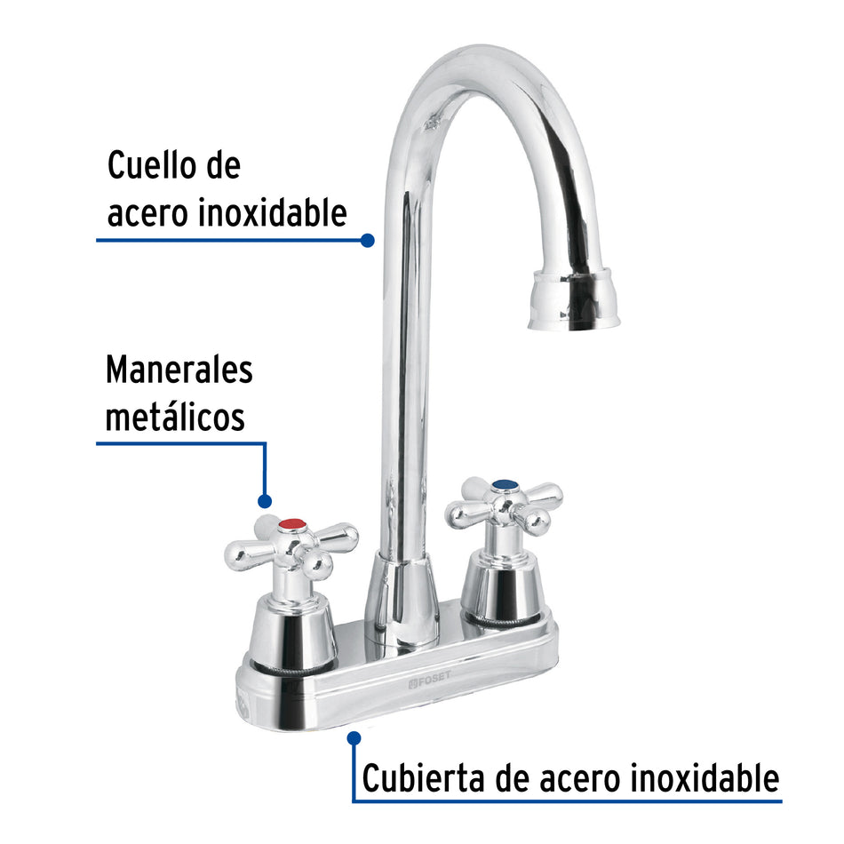 Mezcladora cromo 4" para lavabo, cuello bar, cruceta, Foset