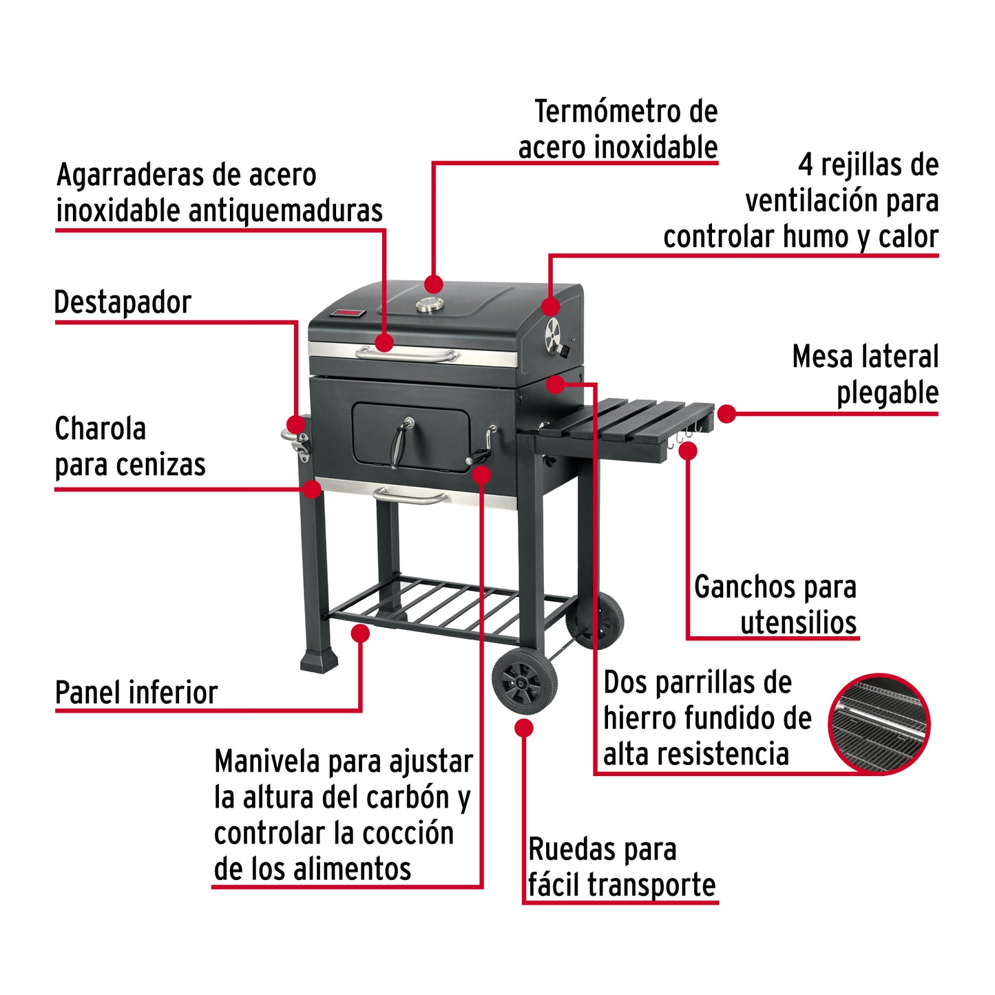 Asador de Carbón FIERO 24 Pulgadas con Tapa - Parrilla BBQ Profesional con Termómetro y Ruedas - Solución Completa para Barbacoa Perfecta