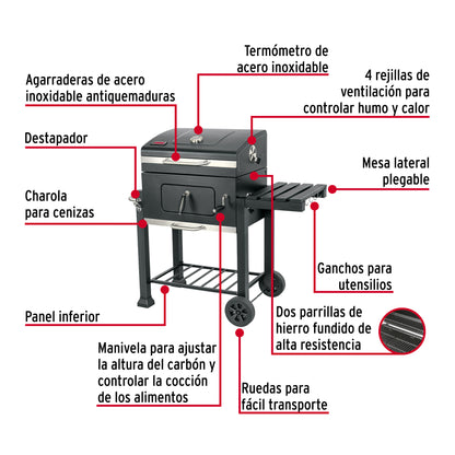 Asador de Carbón FIERO 24 Pulgadas con Tapa - Parrilla BBQ Profesional con Termómetro y Ruedas - Solución Completa para Barbacoa Perfecta