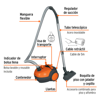 Aspiradora Canister TRUPER ASD-120 1200W - Solución Profesional para Limpieza Profunda con Motor Potente 1.6HP y Filtro Extraíble