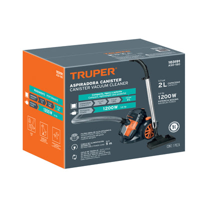 Aspiradora Canister TRUPER ASD-180 1200W Tecnología Ciclónica Filtro HEPA - Elimina Polvo y Microorganismos Nocivos para Hogar y Oficina
