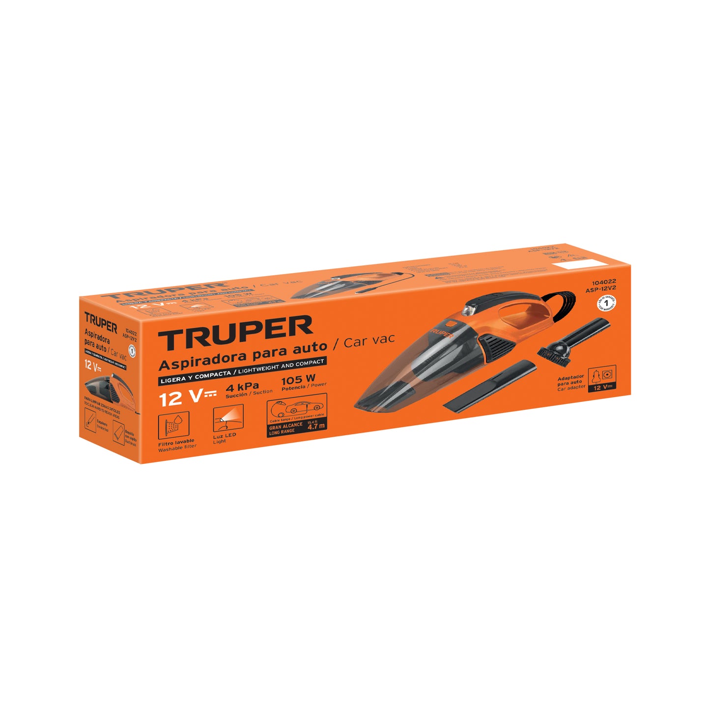 Aspiradora portátil para auto de 12 volts marca Truper. Ideal para limpiar interiores de vehículos.