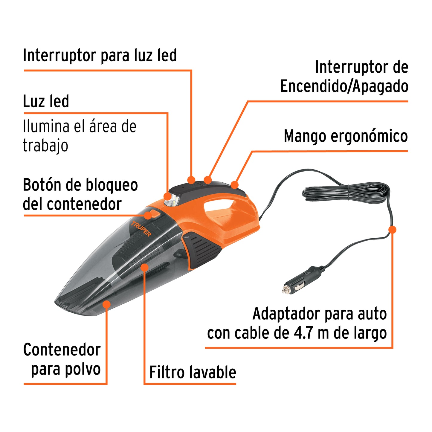Aspiradora portátil para auto de 12 volts marca Truper. Ideal para limpiar interiores de vehículos.