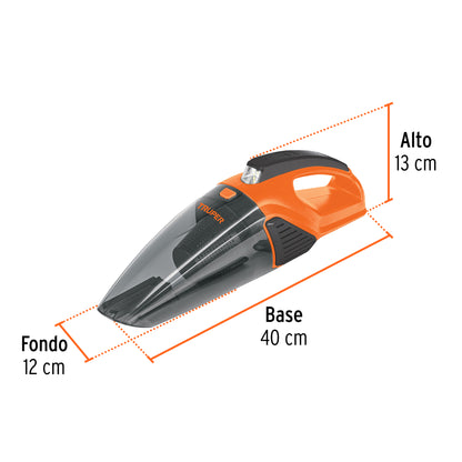 Aspiradora portátil para auto de 12 volts marca Truper. Ideal para limpiar interiores de vehículos.