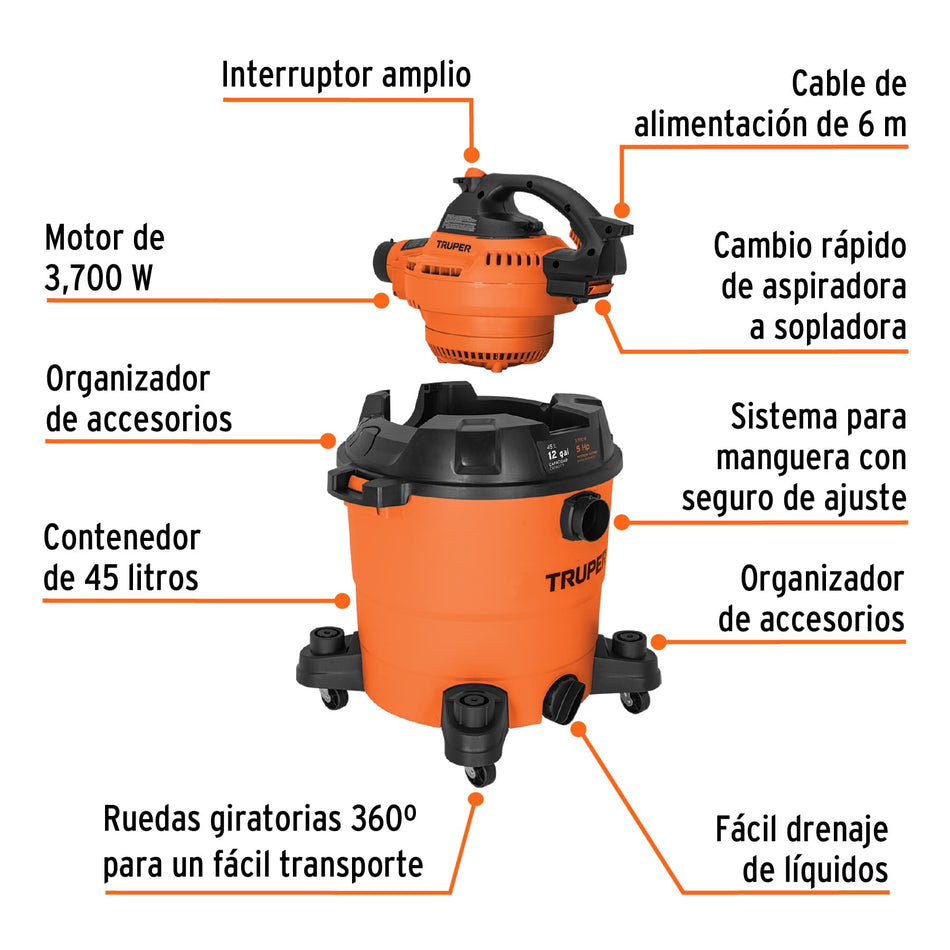 Aspiradora de sólidos y líquidos de 12 gal, plástica, Truper