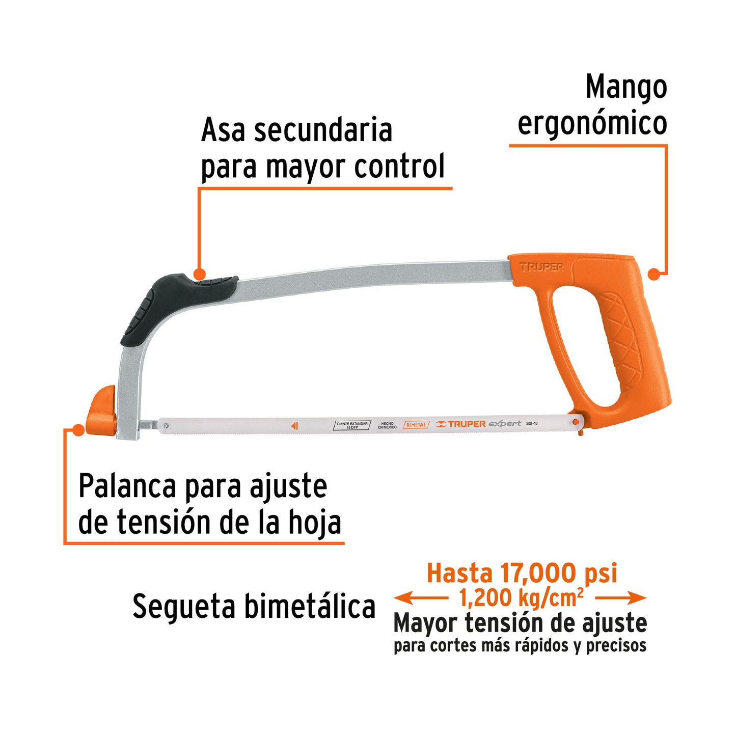 Arco Segueta Profesional 12 Pulgadas Truper ATT-12 - Corte Preciso Metal Madera Plástico - Mango Ergonómico Aluminio Tensión 1200 kg/cm² - Herramienta Industrial Ferretería