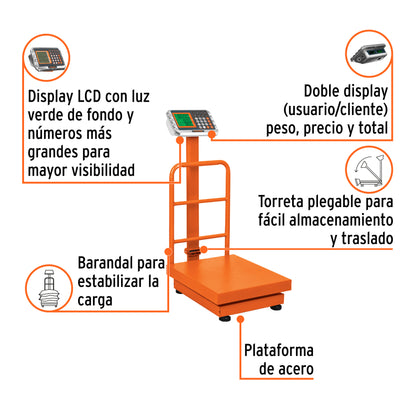 Báscula Electrónica Comercial Plegable 200kg BAS-200PLA Truper - Doble Display LCD, Batería 150hrs, Plataforma Antiderrapante