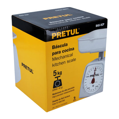 Báscula Mecánica de Cocina Pretul 5kg - Charola Desmontable y Lectura Precisa para Pesaje Profesional