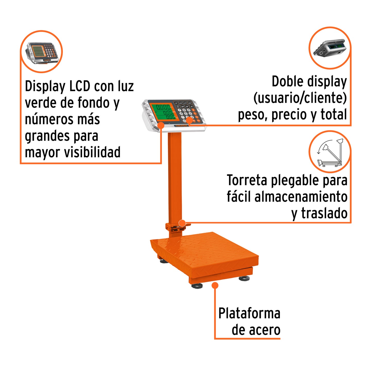 Báscula Electrónica Comercial 80kg Truper BAS-80PLA - Plataforma Antiderrapante con Doble Display y Batería 150hrs
