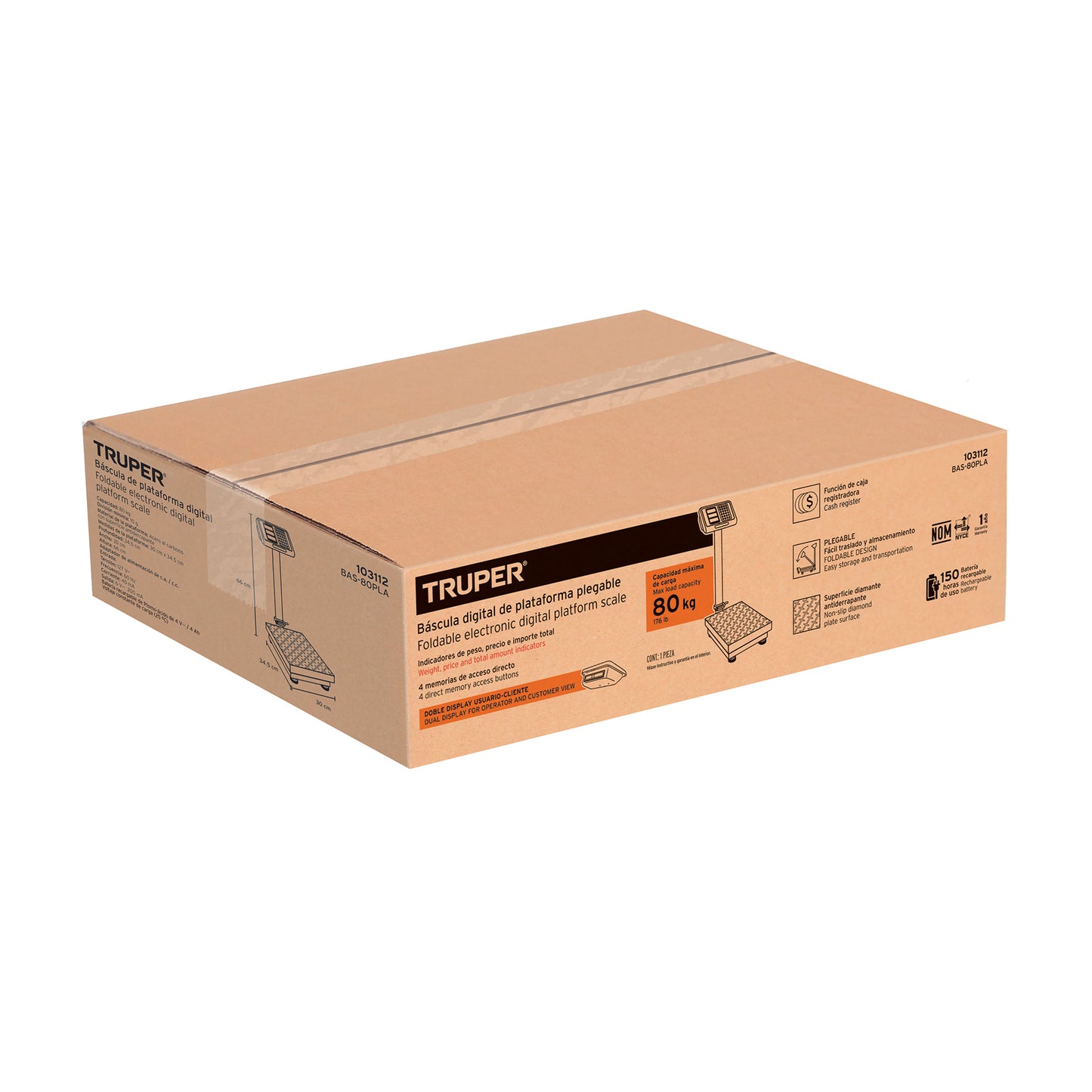 Báscula Electrónica Comercial 80kg Truper BAS-80PLA - Plataforma Antiderrapante con Doble Display y Batería 150hrs