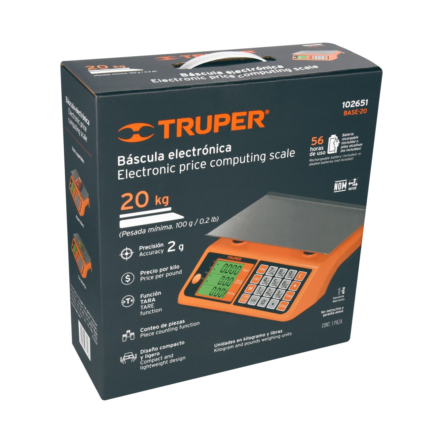 Báscula Electrónica Comercial Truper 20kg - Doble Display LCD, Batería Recargable, Función TARA - Solución Profesional para Pesaje Preciso