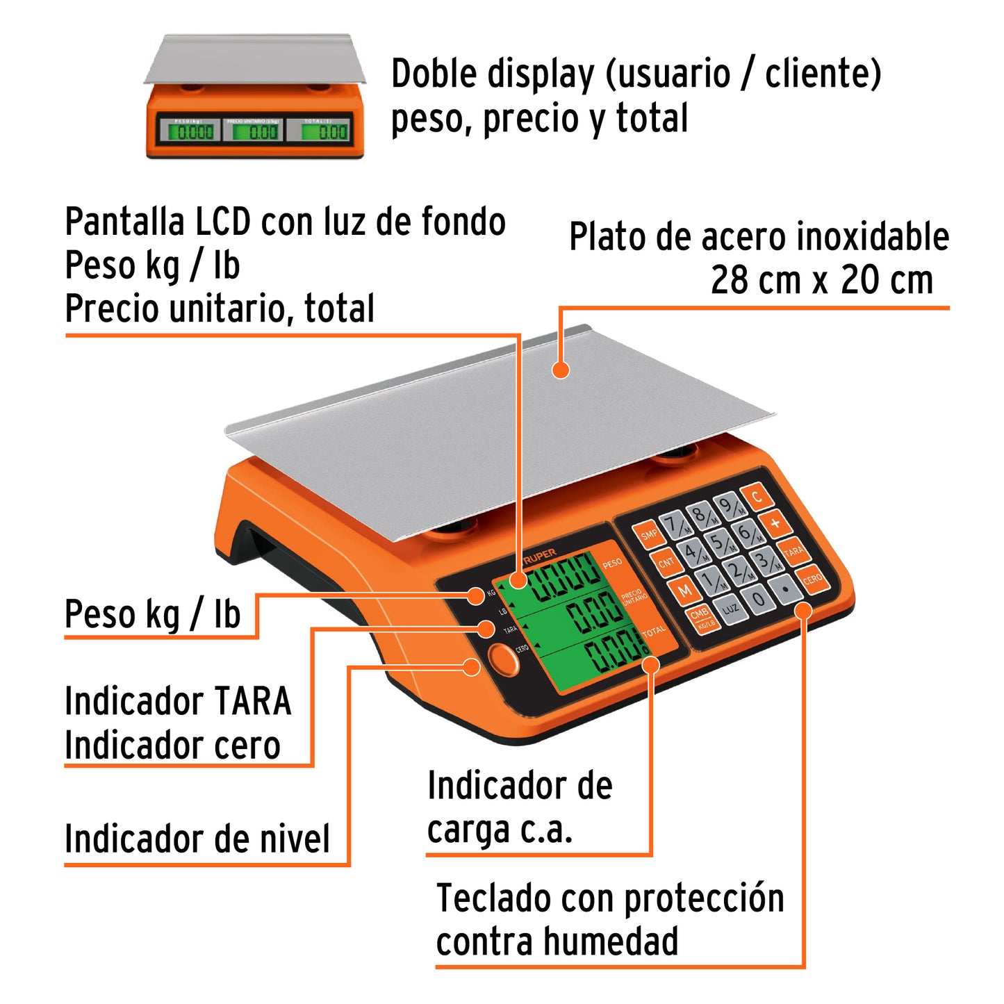 Báscula Electrónica Comercial Truper 20kg - Doble Display LCD, Batería Recargable, Función TARA - Solución Profesional para Pesaje Preciso