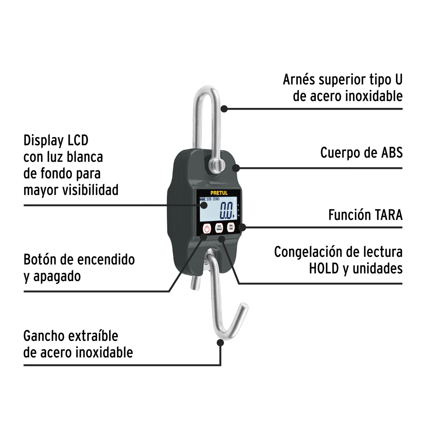 Báscula Electrónica Colgante PRETUL 300kg - Solución Profesional para Pesaje Industrial, Rastro y Carnicerías - Display LCD, Función TARA y HOLD - BASE-300CP