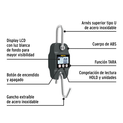 Báscula Electrónica Colgante PRETUL 300kg - Solución Profesional para Pesaje Industrial, Rastro y Carnicerías - Display LCD, Función TARA y HOLD - BASE-300CP
