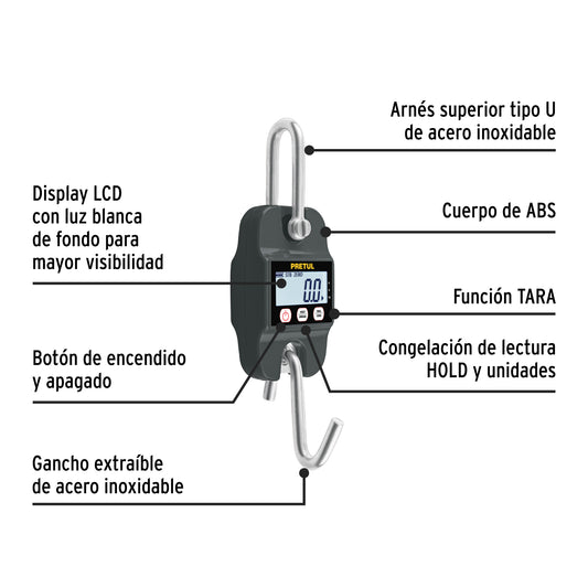 Báscula Electrónica Colgante PRETUL 300kg - Solución Profesional para Pesaje Industrial, Rastro y Carnicerías - Display LCD, Función TARA y HOLD - BASE-300CP