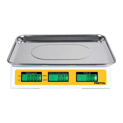 Báscula Electrónica Comercial 30kg PRETUL BASE-30P - Doble Display, Batería 40hrs, Función TARA - Solución Completa para Pesaje Profesional