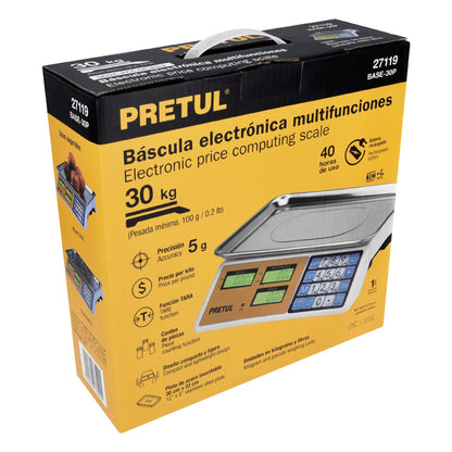 Báscula Electrónica Comercial 30kg PRETUL BASE-30P - Doble Display, Batería 40hrs, Función TARA - Solución Completa para Pesaje Profesional
