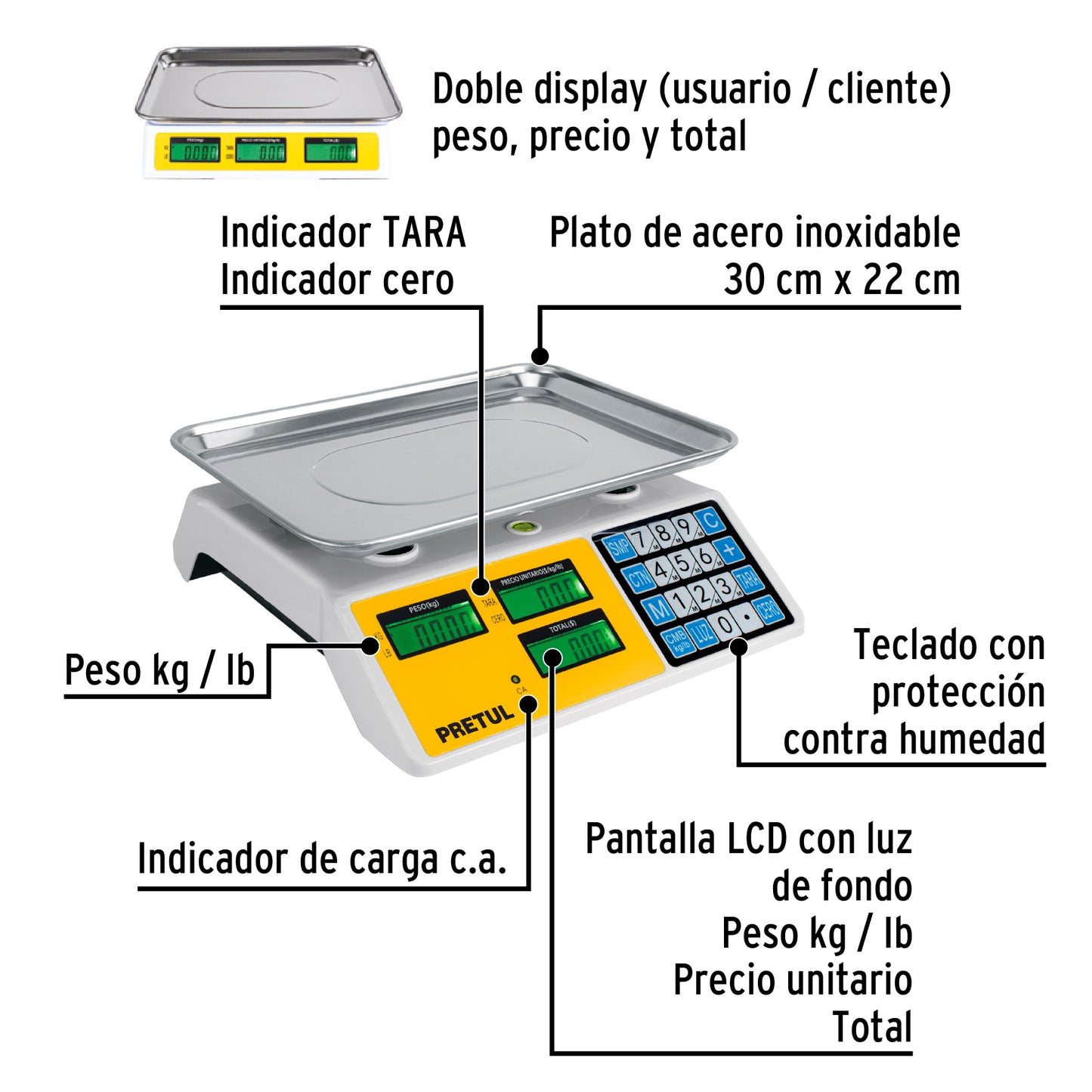 Báscula Electrónica Comercial 30kg PRETUL BASE-30P - Doble Display, Batería 40hrs, Función TARA - Solución Completa para Pesaje Profesional