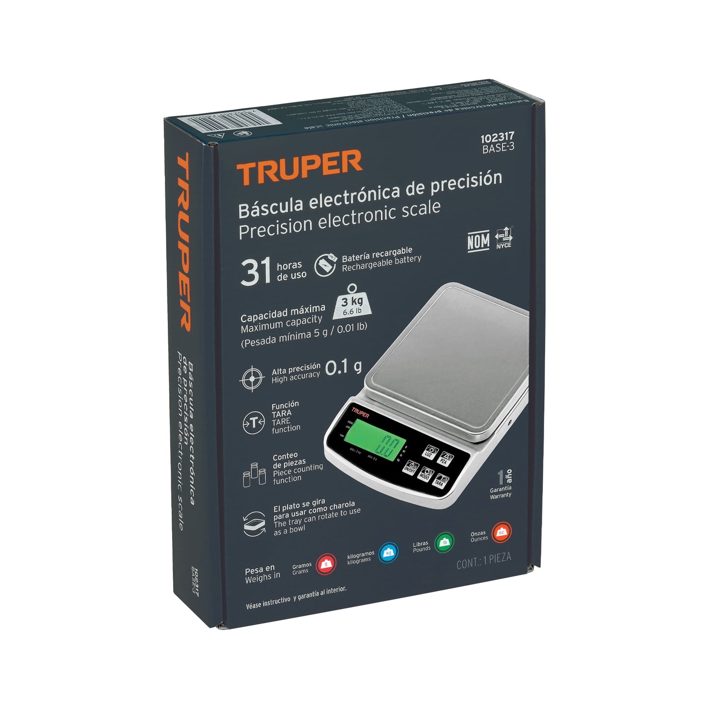 Báscula Electrónica Digital Truper 3kg Recargable - Precisión Profesional para Joyería, Laboratorio y Cocina - BASE-3