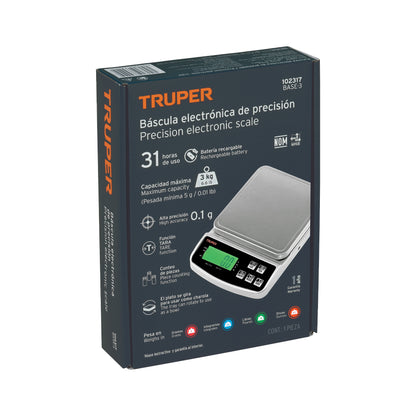 Báscula Electrónica Digital Truper 3kg Recargable - Precisión Profesional para Joyería, Laboratorio y Cocina - BASE-3