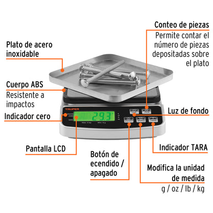 Báscula Electrónica Digital Truper 3kg Recargable - Precisión Profesional para Joyería, Laboratorio y Cocina - BASE-3