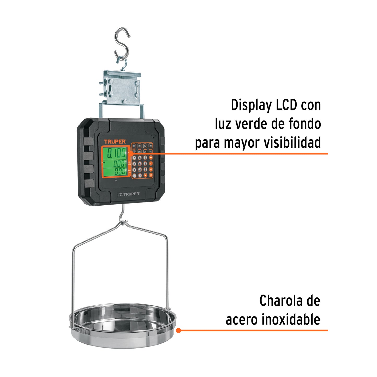 Báscula Electrónica Colgante Comercial 40kg Recargable con Charola Acero Inoxidable - Pesaje Preciso para Comercios y Mercados