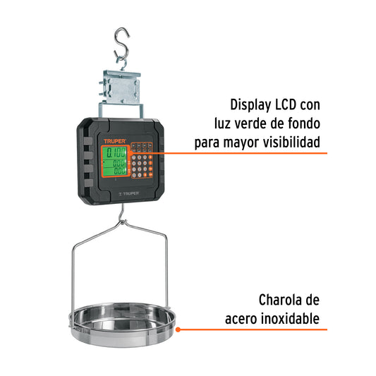 Báscula Electrónica Colgante Comercial 40kg Recargable con Charola Acero Inoxidable - Pesaje Preciso para Comercios y Mercados
