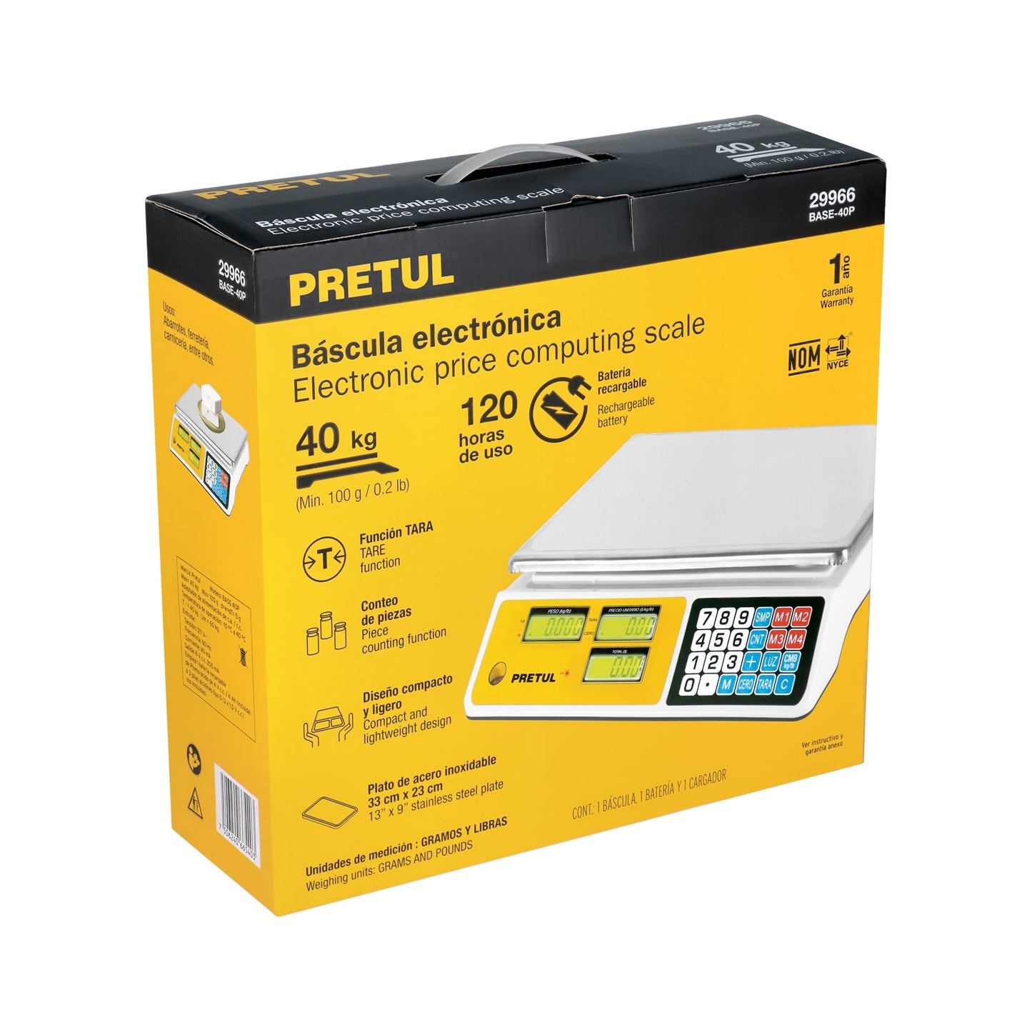 Báscula Electrónica Comercial 40kg PRETUL BASE-40P - Doble Display Digital con Batería Recargable para Pesaje Profesional