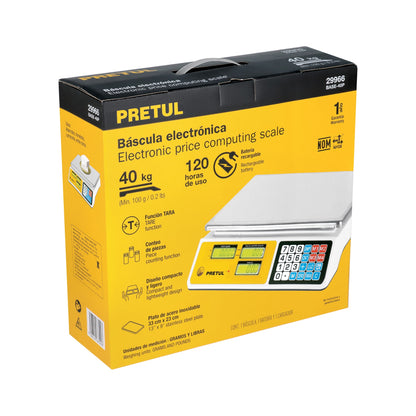 Báscula Electrónica Comercial 40kg PRETUL BASE-40P - Doble Display Digital con Batería Recargable para Pesaje Profesional