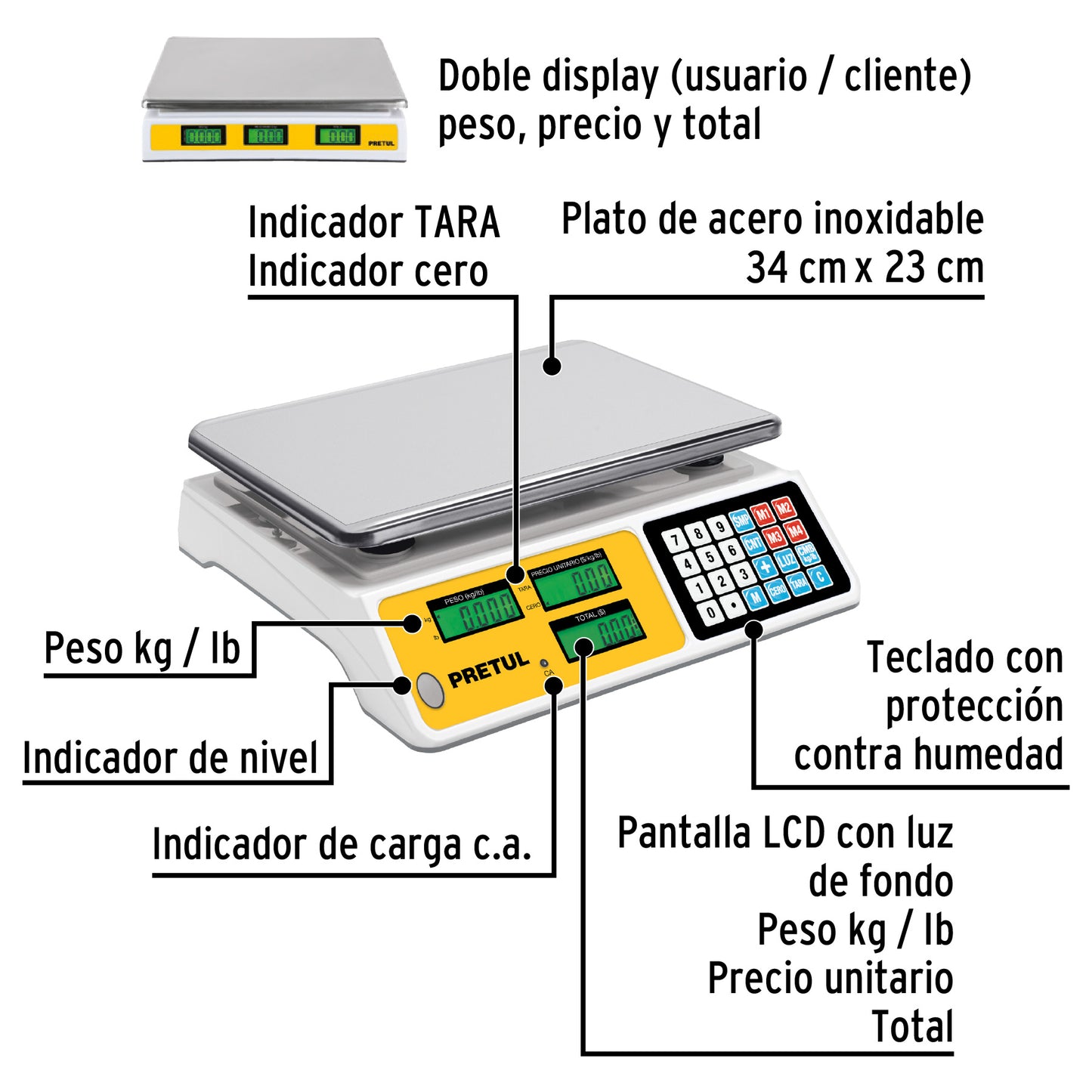 Báscula Electrónica Comercial 40kg PRETUL BASE-40P - Doble Display Digital con Batería Recargable para Pesaje Profesional
