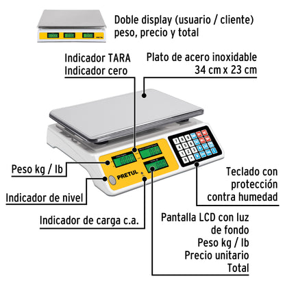 Báscula Electrónica Comercial 40kg PRETUL BASE-40P - Doble Display Digital con Batería Recargable para Pesaje Profesional