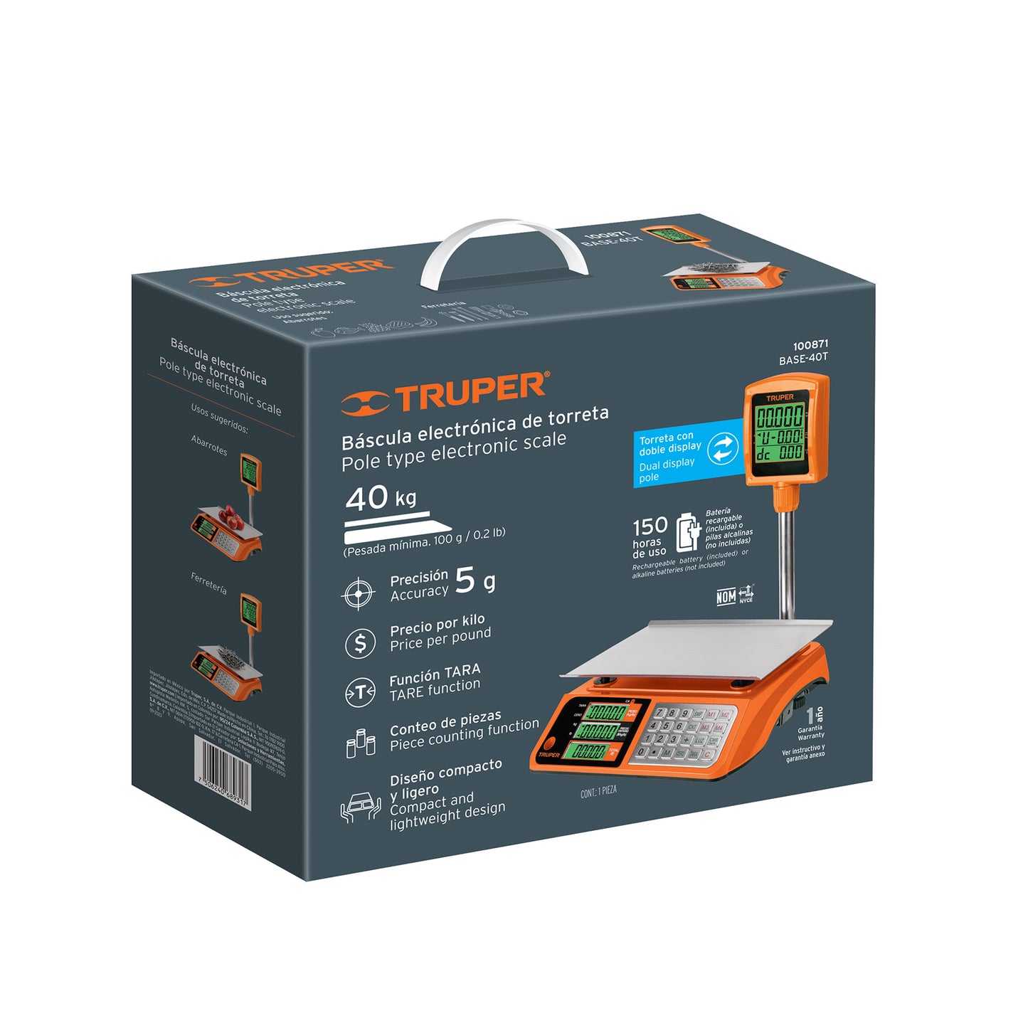 Báscula Electrónica Comercial Truper 40kg con Torreta Doble Display - Solución Profesional para Pesaje Preciso BASE-40T