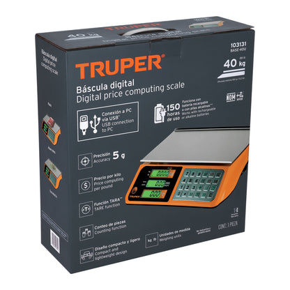 Báscula Electrónica Comercial Truper 40kg USB - Solución Profesional para Pesaje Preciso en Comercios con Doble Display y Batería de Larga Duración