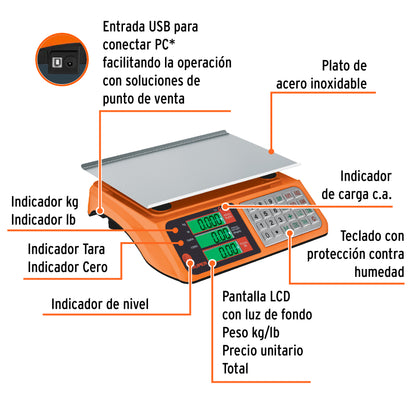 Báscula Electrónica Comercial Truper 40kg USB - Solución Profesional para Pesaje Preciso en Comercios con Doble Display y Batería de Larga Duración