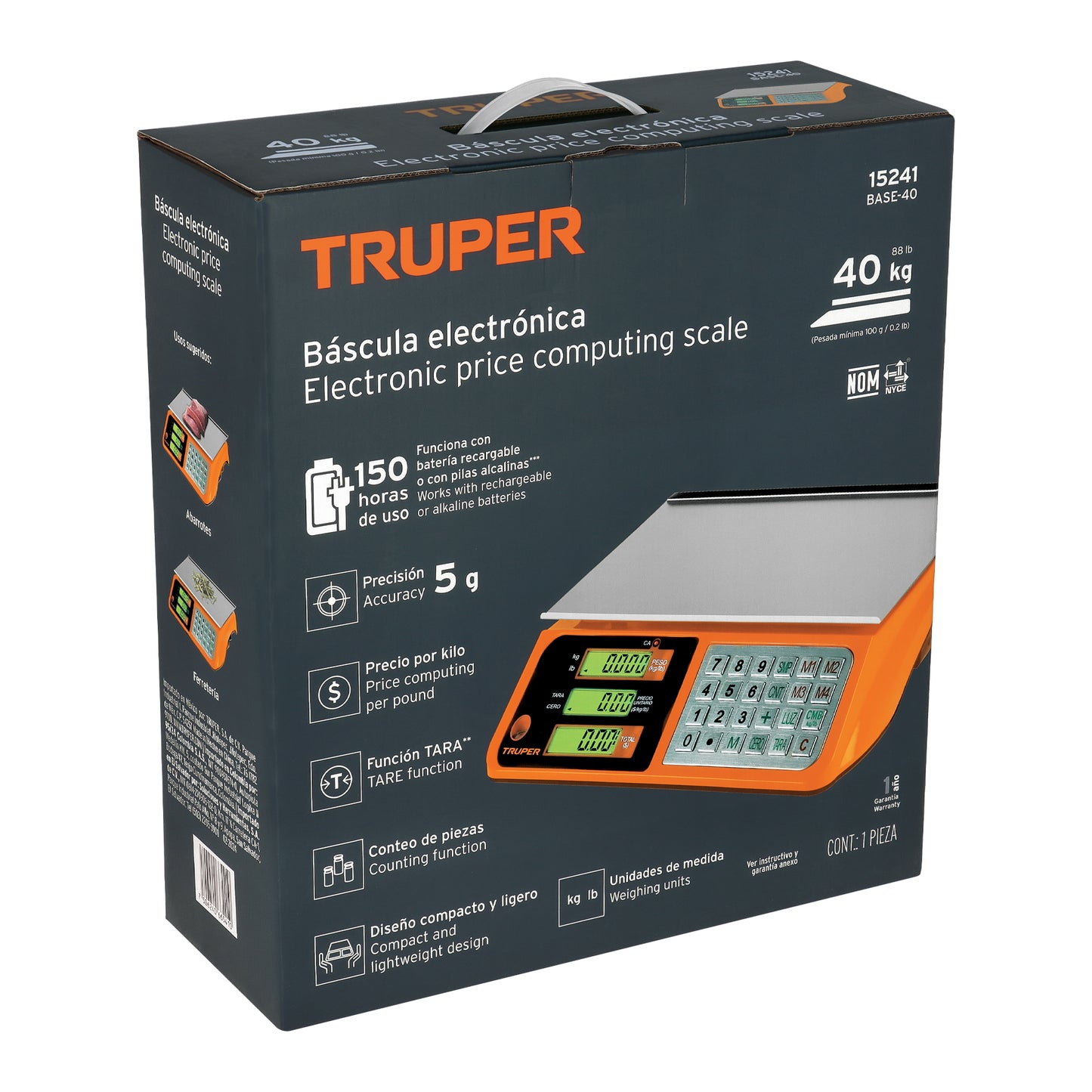 Báscula Electrónica Comercial Truper 40kg - Doble Display, Batería Recargable, Función TARA - Solución Profesional para Pesaje Preciso BASE-40