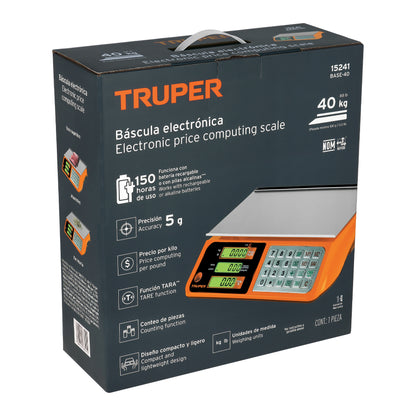 Báscula Electrónica Comercial Truper 40kg - Doble Display, Batería Recargable, Función TARA - Solución Profesional para Pesaje Preciso BASE-40