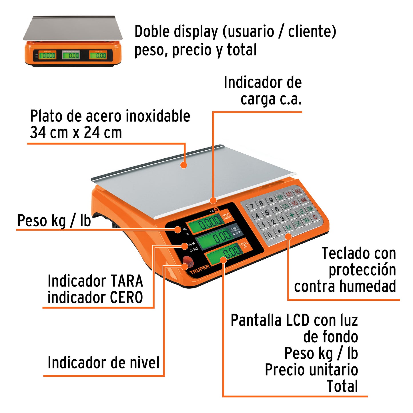 Báscula Electrónica Comercial Truper 40kg - Doble Display, Batería Recargable, Función TARA - Solución Profesional para Pesaje Preciso BASE-40