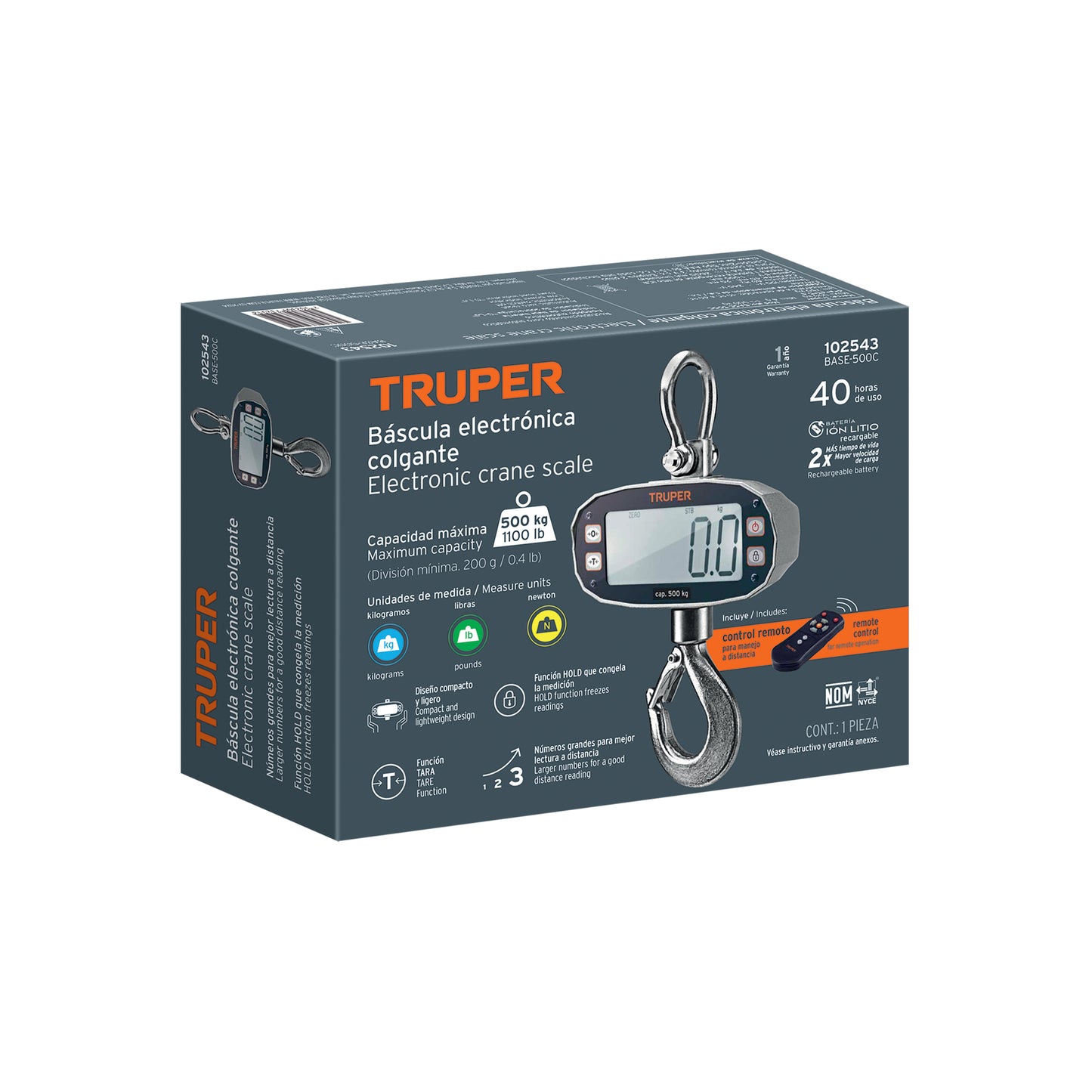 Báscula Electrónica Colgante Industrial 500kg Truper BASE-500C - Recargable con Display LCD y Control Remoto para Carnicerías y Rastros