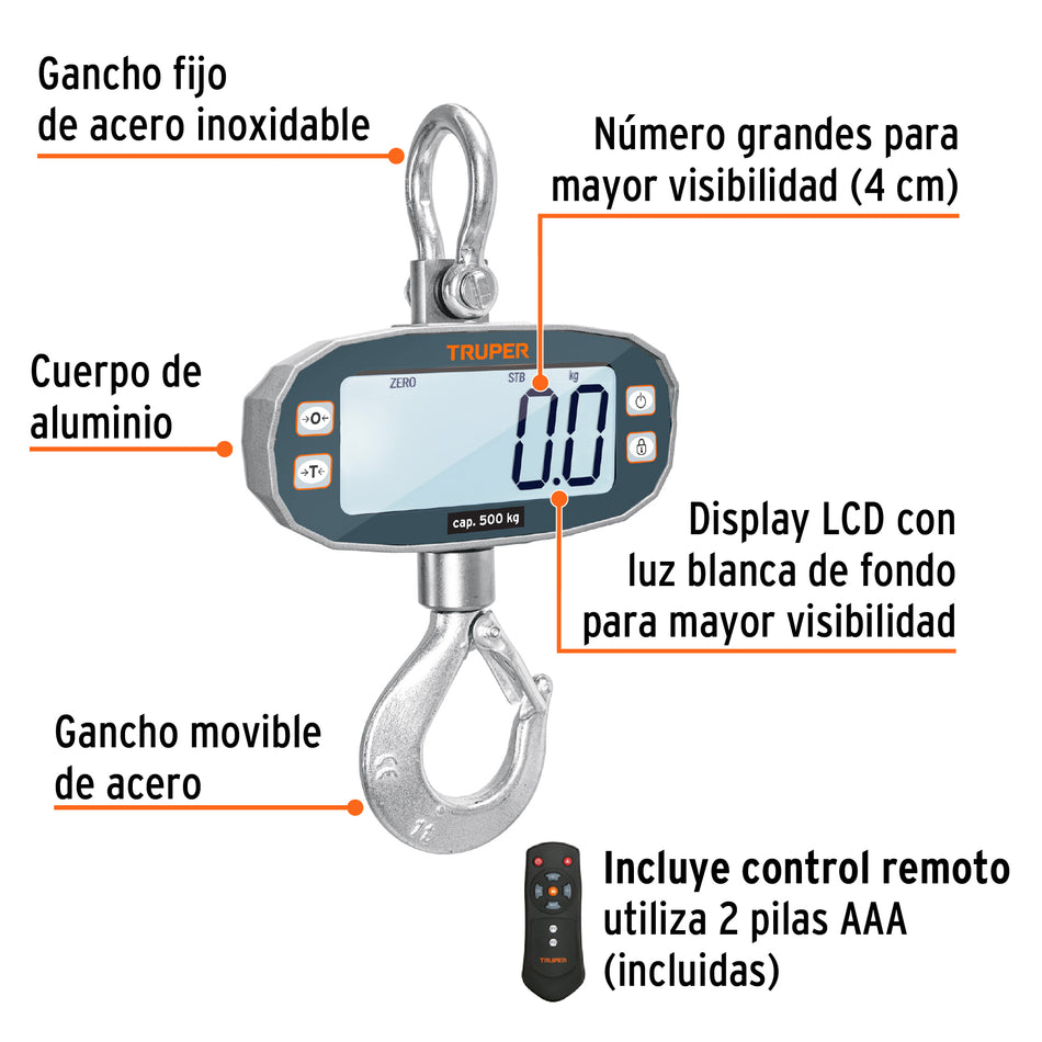 Báscula electrónica colgante, 500 kg, Truper ideal para la industria, Rastros y Carnicerías.