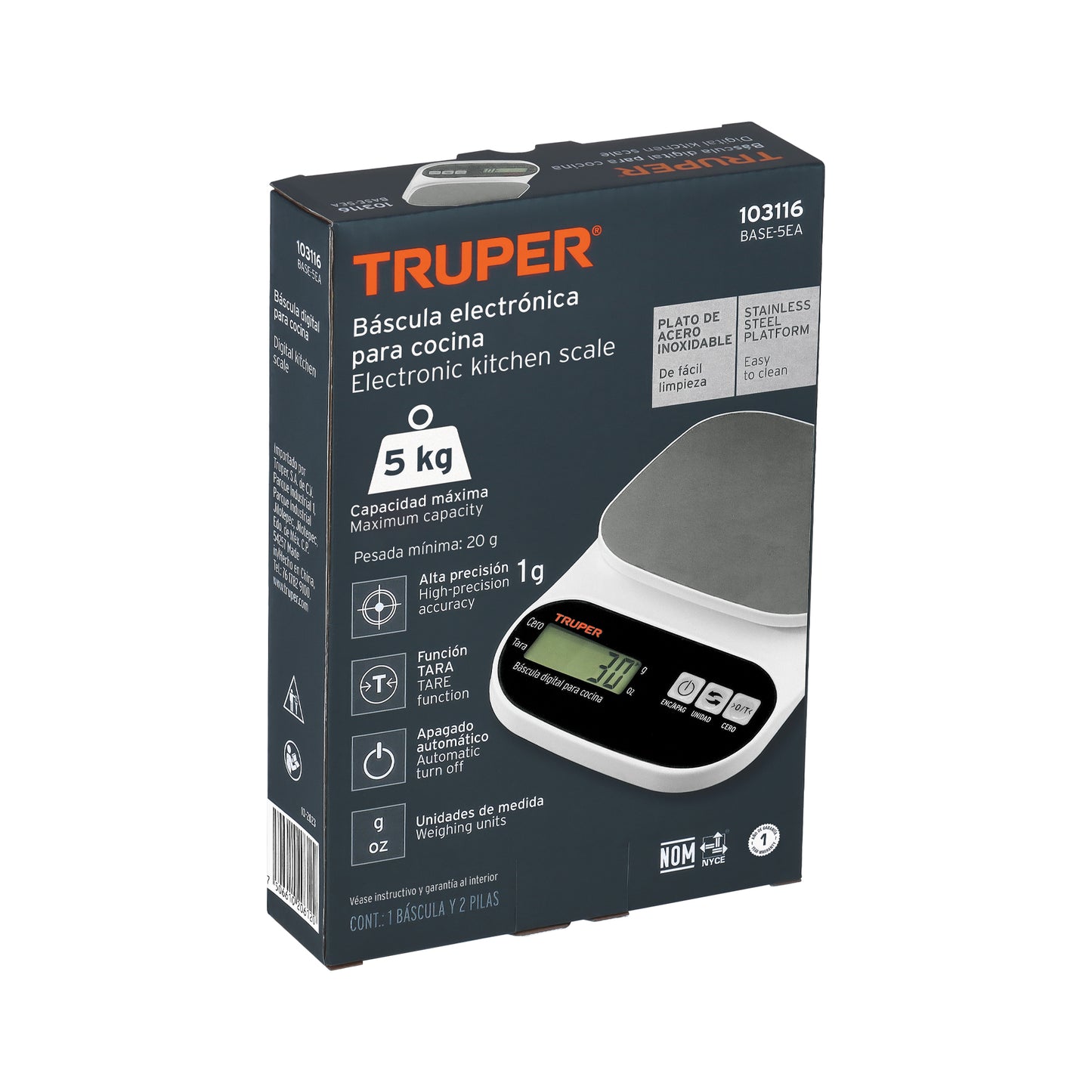Báscula Digital Cocina Truper 5kg Acero Inoxidable - Medición Precisa Alimentos BASE-5EA
