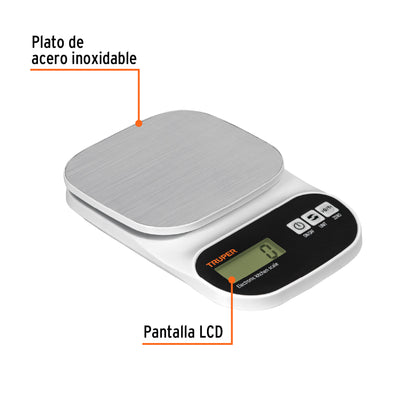 Báscula Digital Cocina Truper 5kg Acero Inoxidable - Medición Precisa Alimentos BASE-5EA