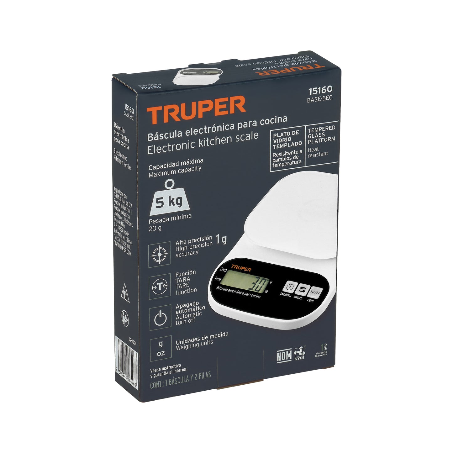 Báscula Digital Cocina Truper 5kg Vidrio Templado - Pesaje Preciso Alimentos con Función TARA y Pantalla LCD
