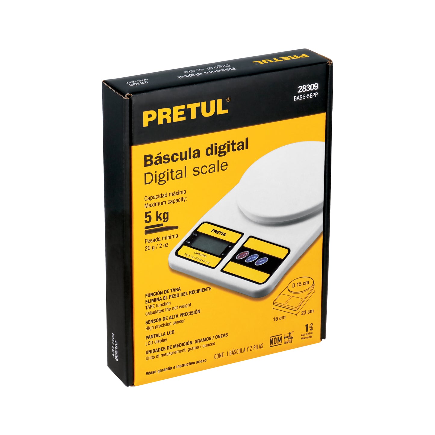 Báscula Digital Cocina 5kg Pretul BASE-5EPP - Plato Polipropileno, Pantalla LCD, Función TARA - Solución Precisa para Pesado Profesional