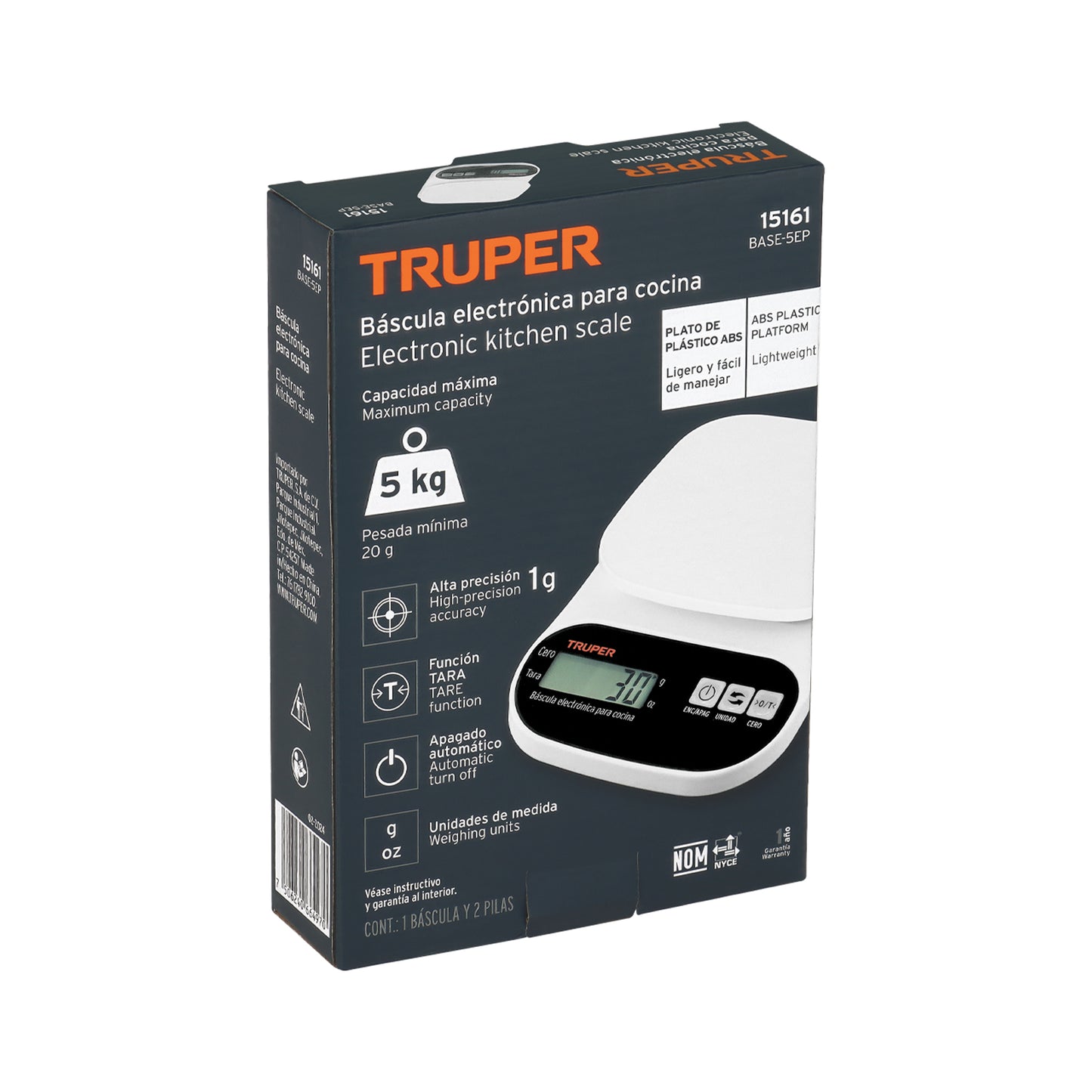 Báscula Digital de Cocina Truper 5kg - Plato ABS con Función TARA y Pantalla LCD - Solución Precisa para Pesaje Profesional