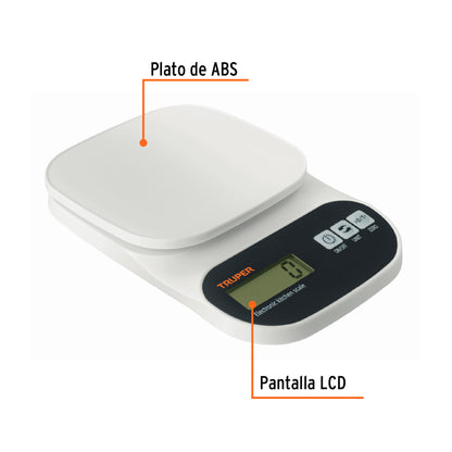 Báscula Digital de Cocina Truper 5kg - Plato ABS con Función TARA y Pantalla LCD - Solución Precisa para Pesaje Profesional